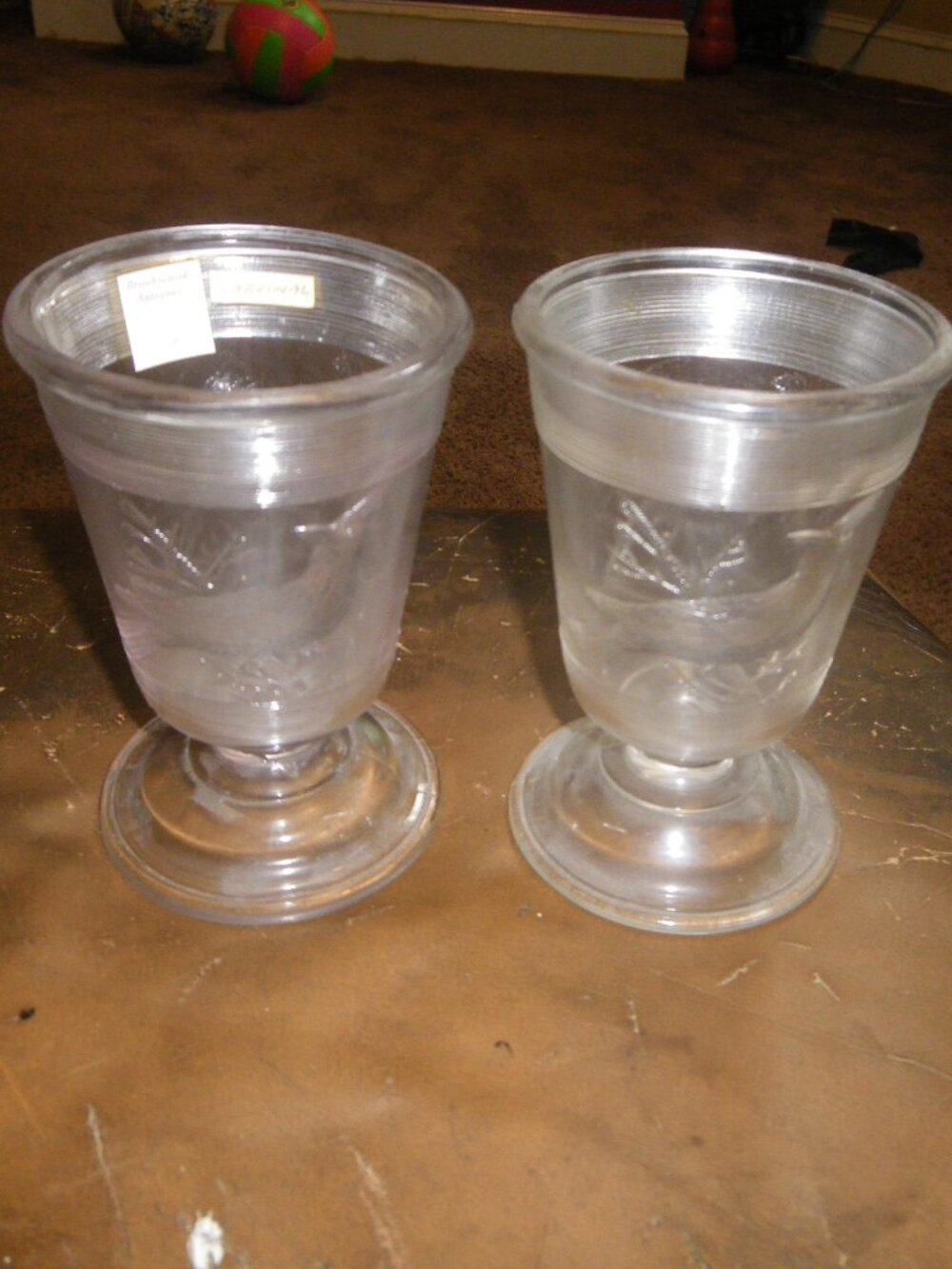2 Vintage Thick Pressed Glass Goblets w/ Embossed Bird Graphics